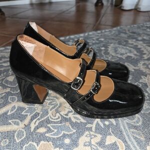 Parisian Black Patent Leather Double Strap Heels